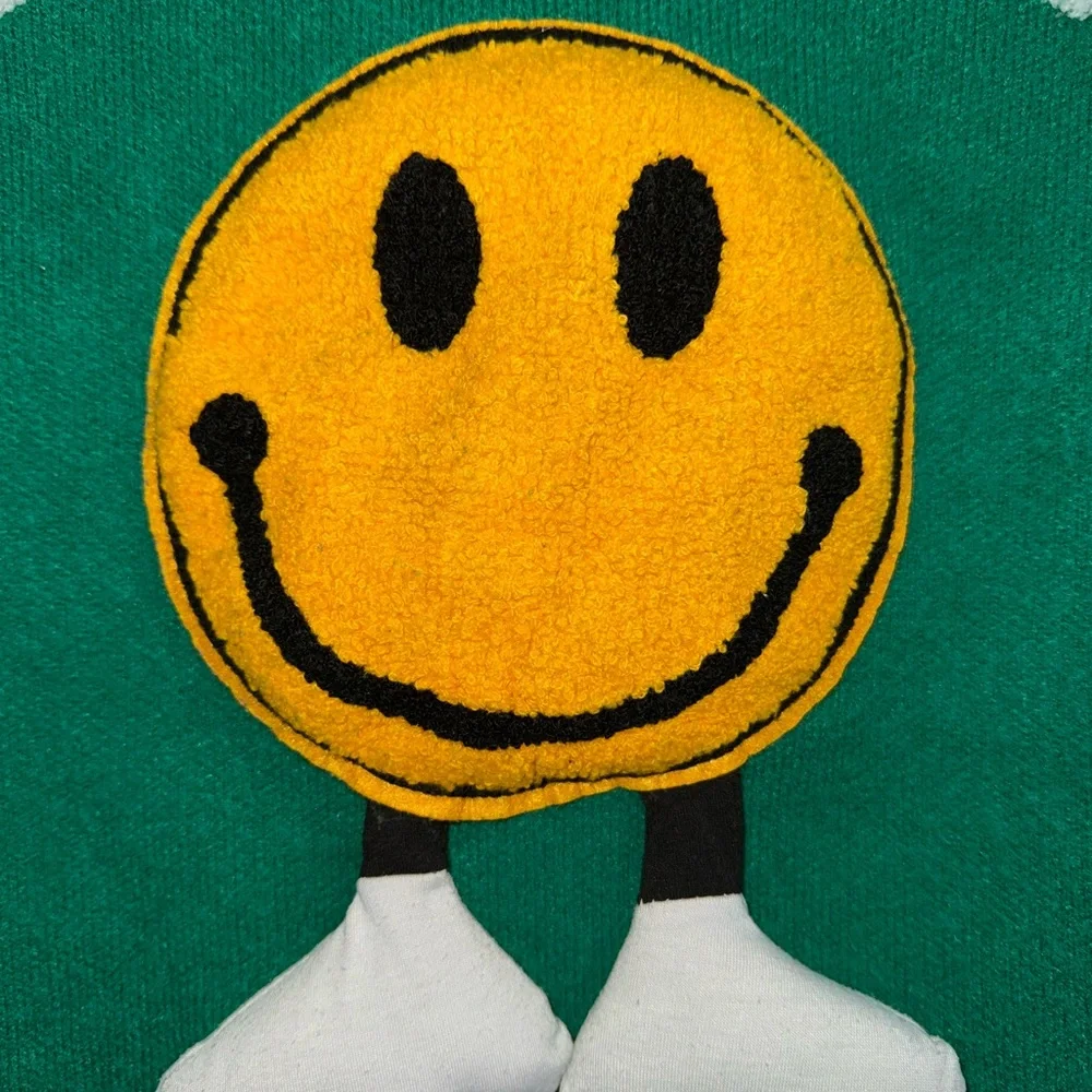 Rare Smiley Patchwork Knit Bomber Jacket Green Leopard Check Full Zip Streetwear